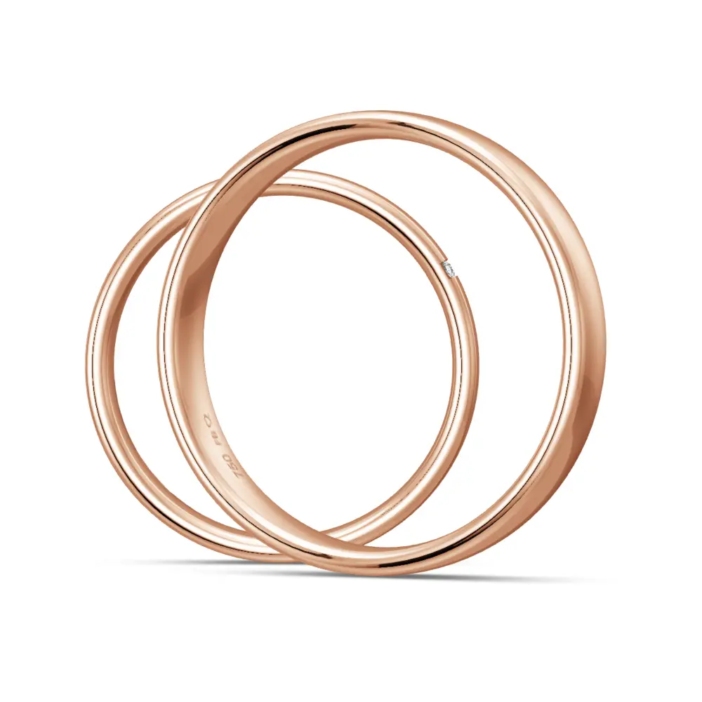 Polierte Rotgold Eheringe 4 mm breit mit 3 Diamanten in Rille seitlich