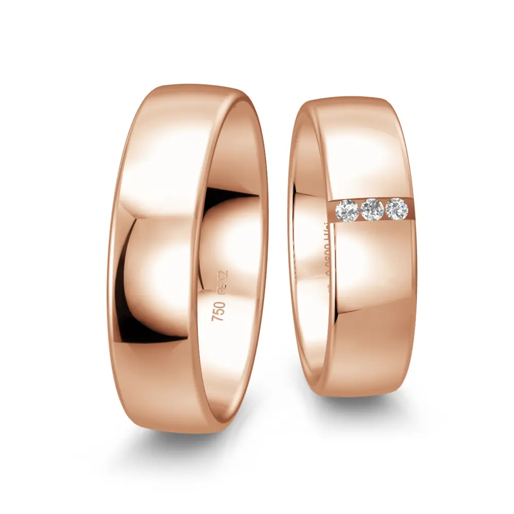 Breite polierte Rotgold Eheringe mit drei Diamanten in 6 mm