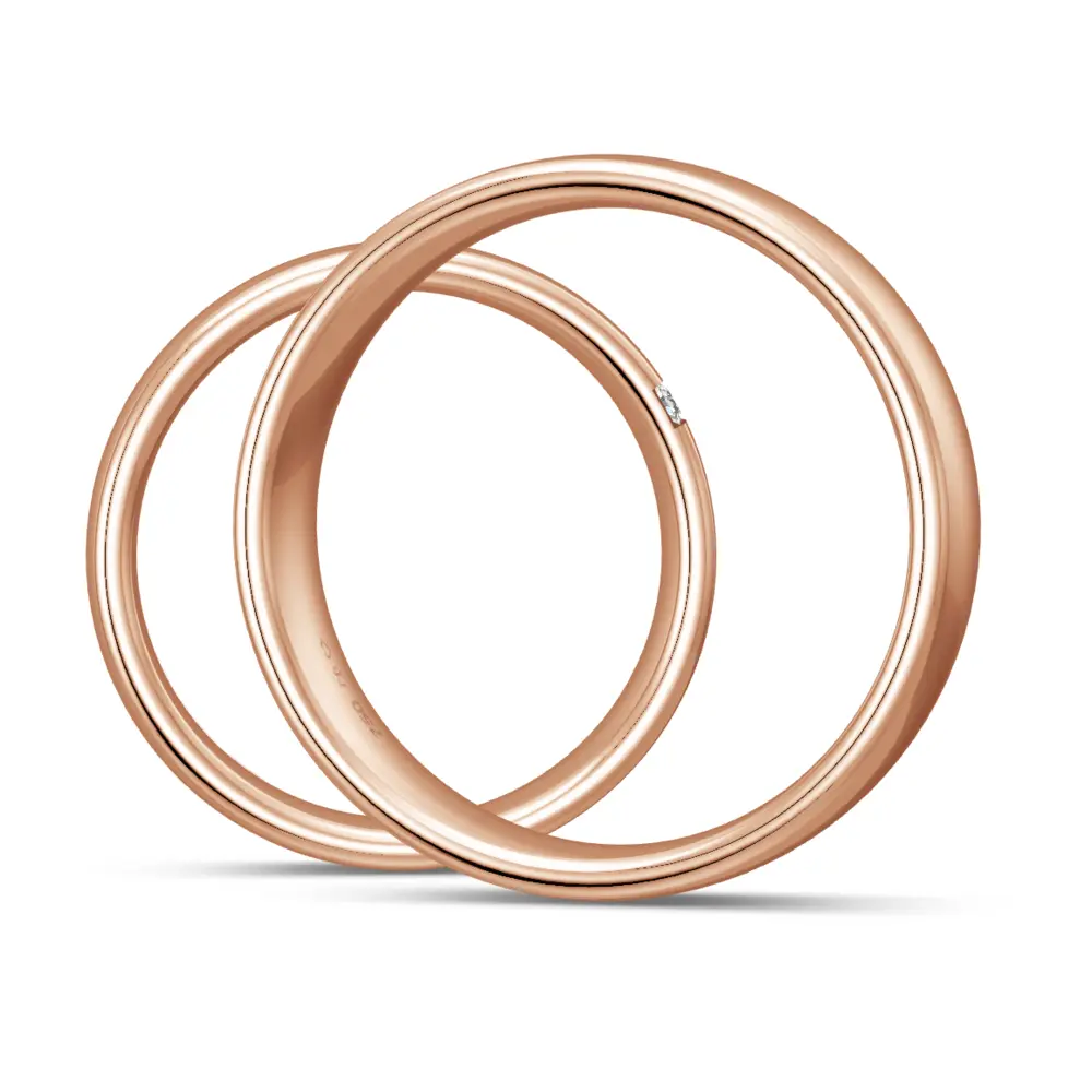 Breite polierte Rotgold Eheringe mit drei Diamanten in 6 mm seitlich