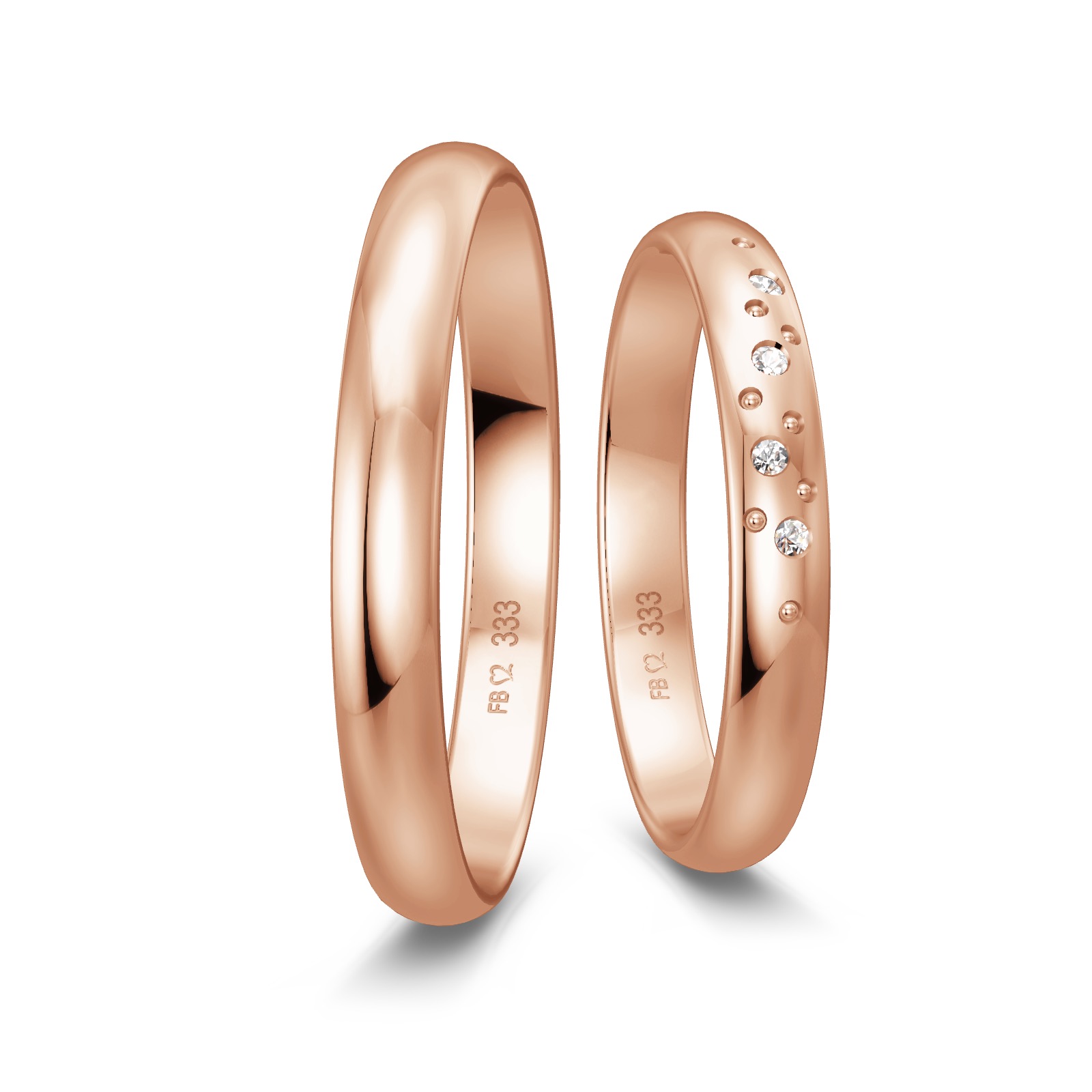 Eheringe aus Rotgold mit vier Diamanten im Sternenhimmel-Muster