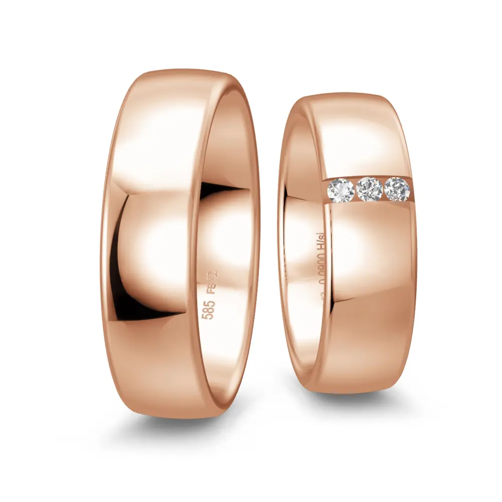 Rotgold Eheringe 6,5 mm breit poliert mit drei Diamanten