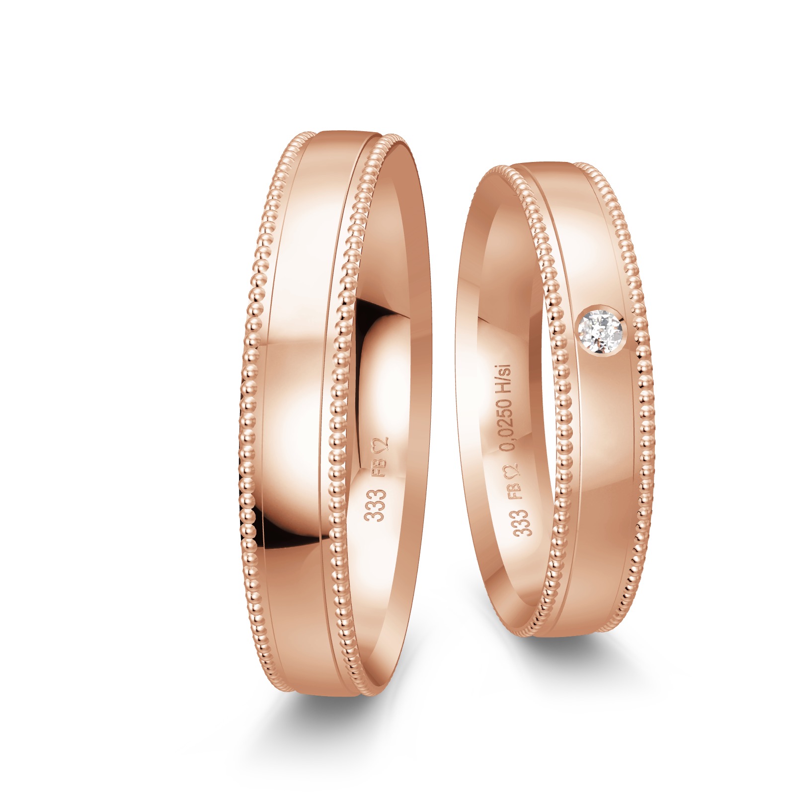 Eheringe aus Rotgold mit Diamanten und Millgriff Muster