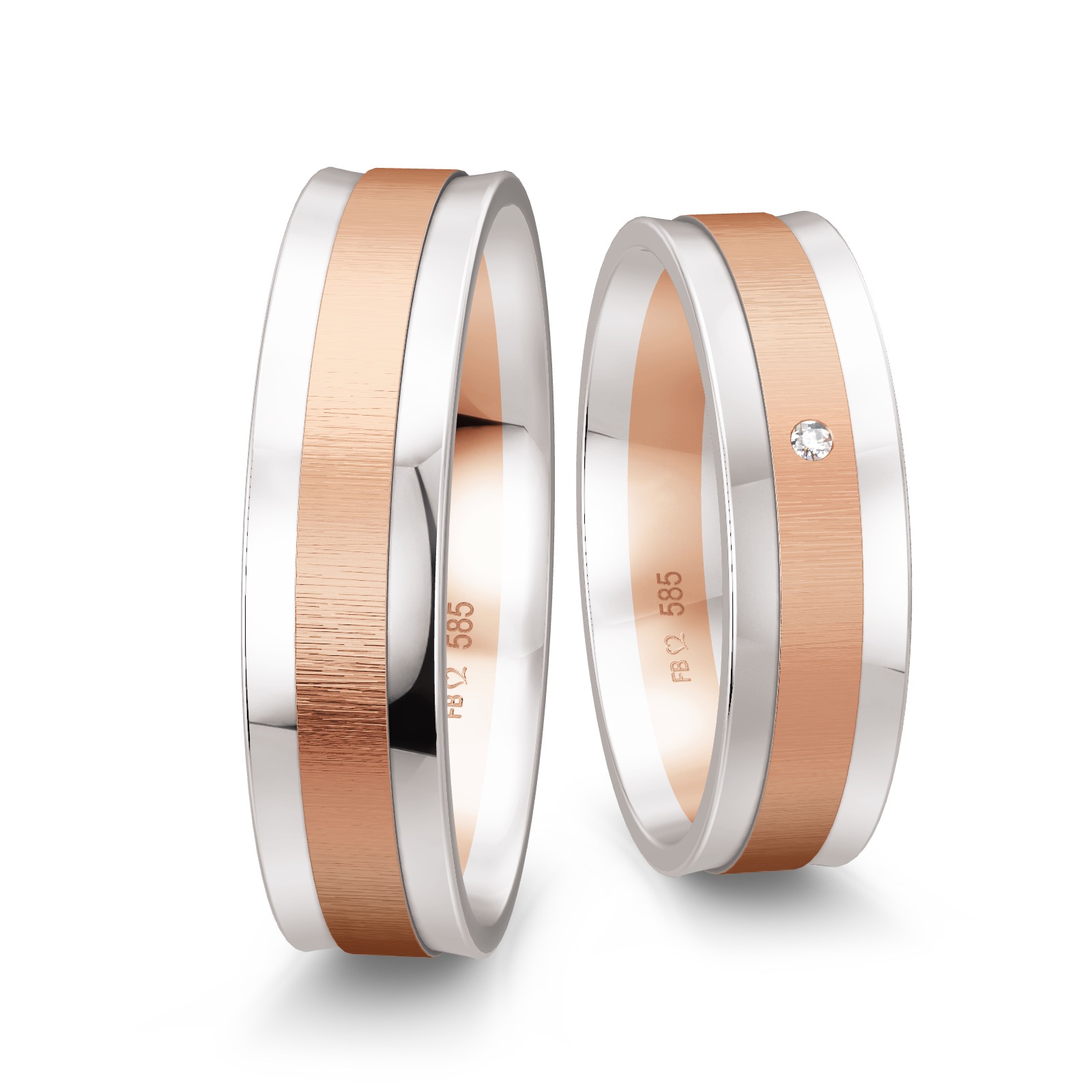 Weissgold Trauringe mit matter Rotgold Mittelschiene und Diamant