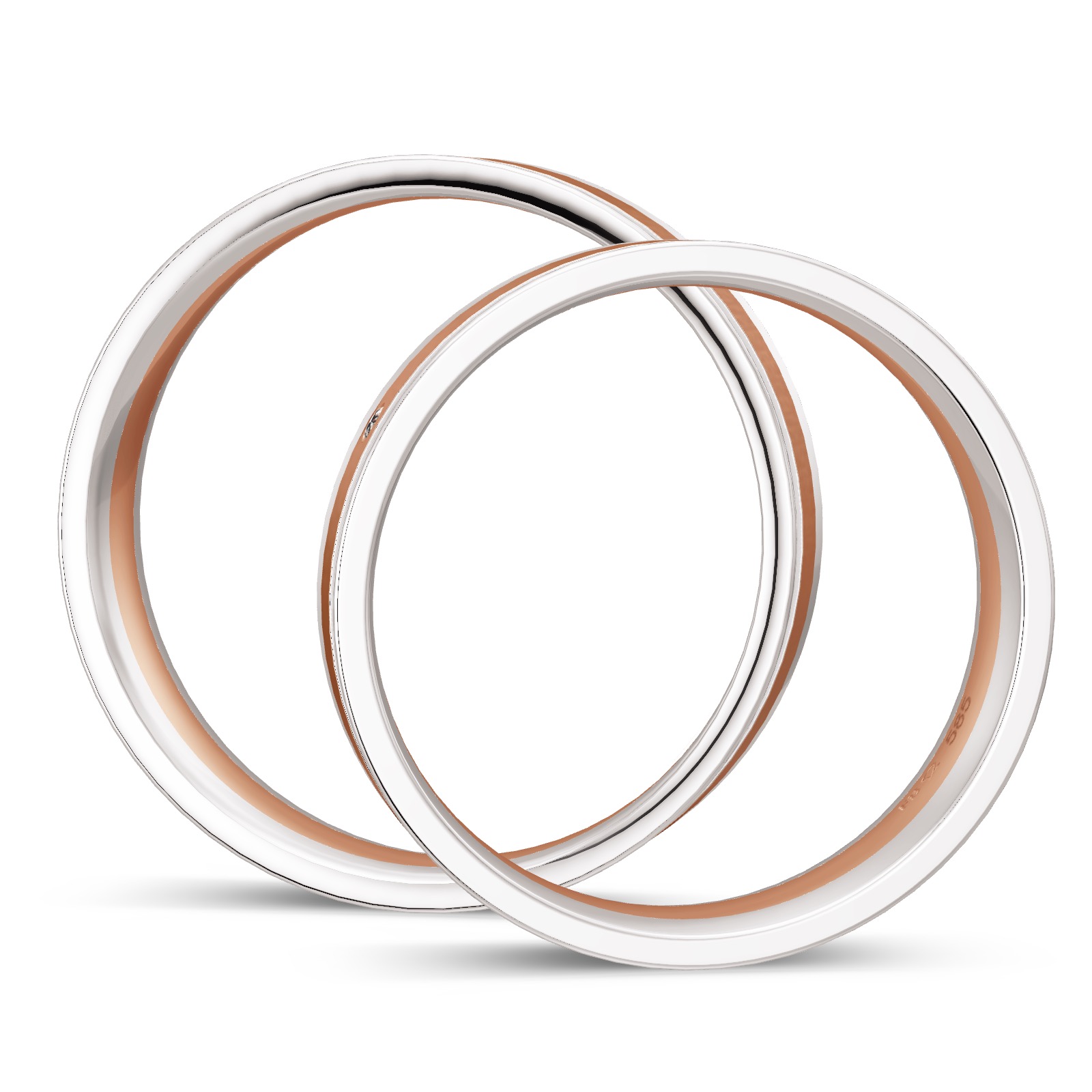 Weissgold Trauringe mit matter Rotgold Mittelschiene und Diamant in Seitenansicht