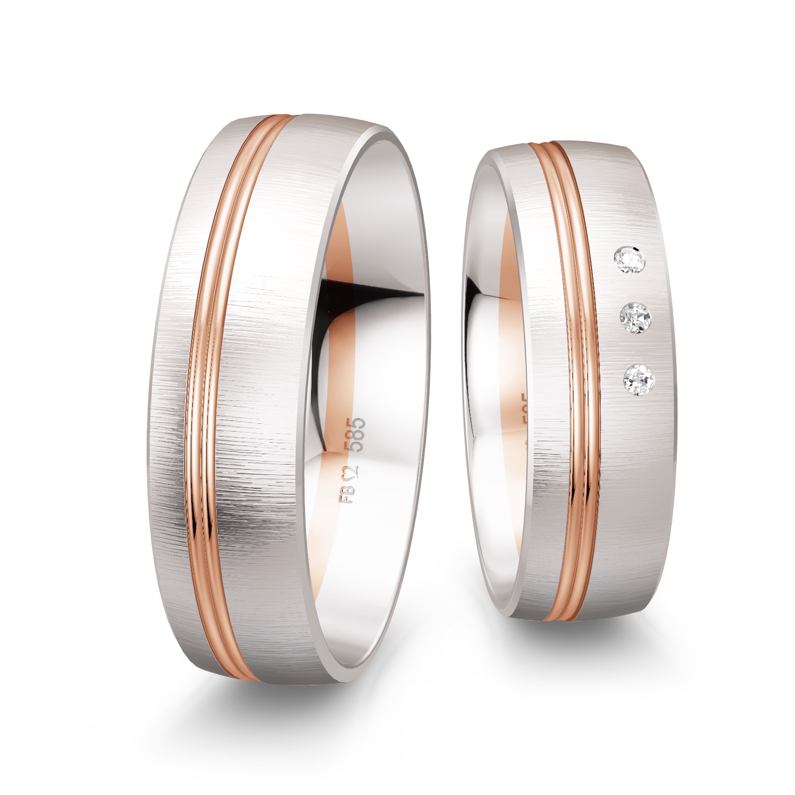 Weißgold Trauringe mit Fuge aus Rotgold Quermatt mit 3 Diamanten