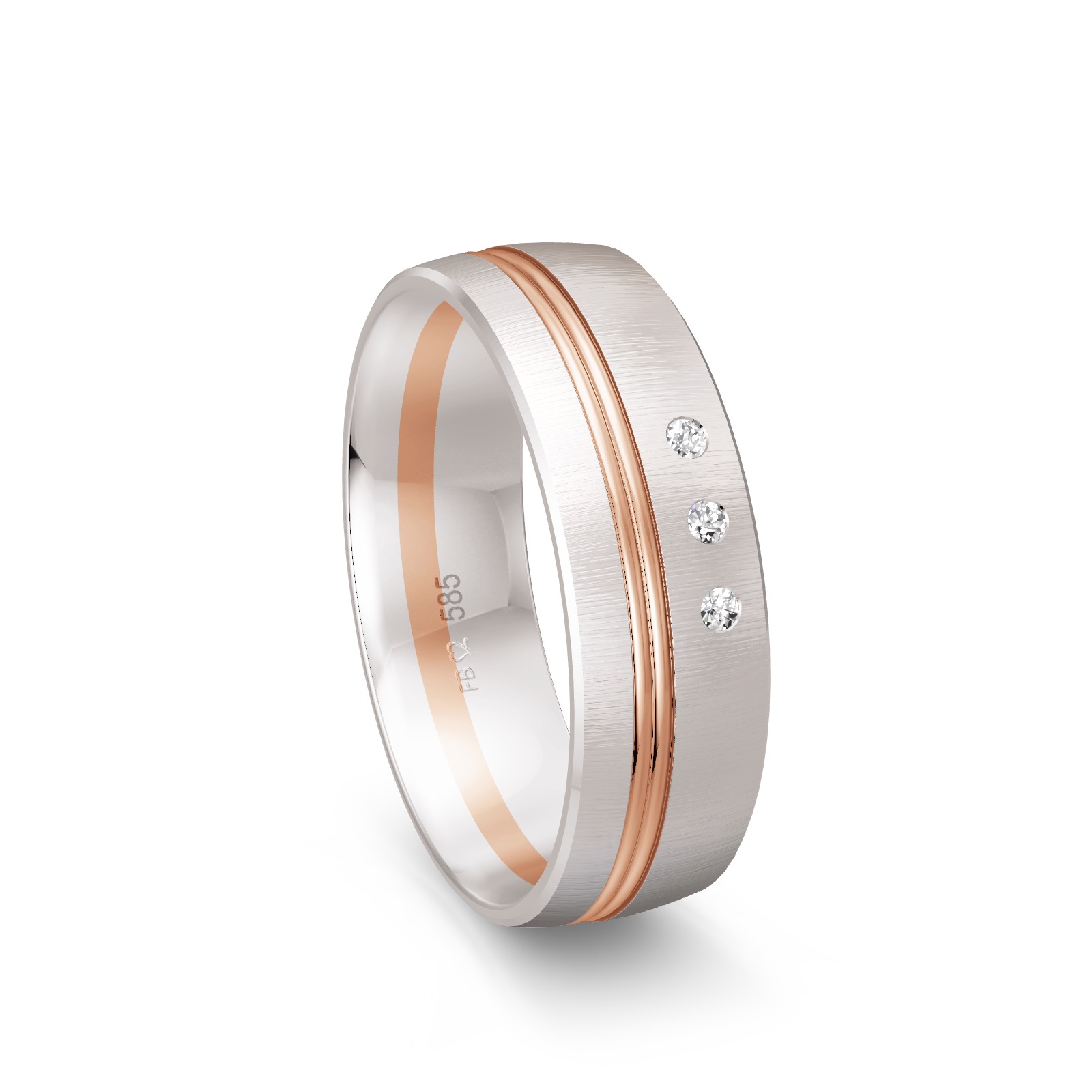 Weißgold Trauring mit Fuge aus Rotgold Quermatt mit 3 Diamanten