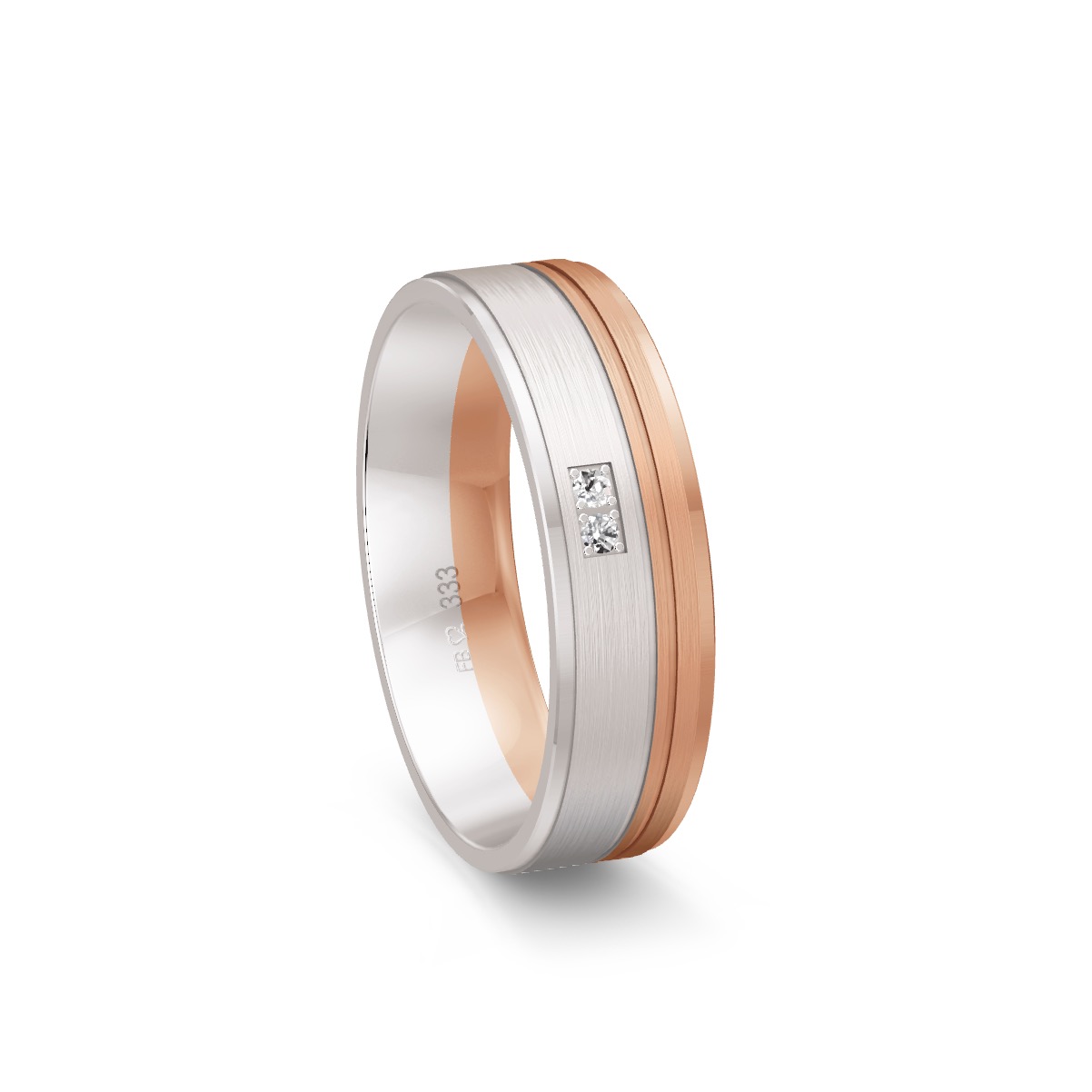 Rotgold-Weissgold Trauring mit glänzenden Fugen und 2 Diamanten