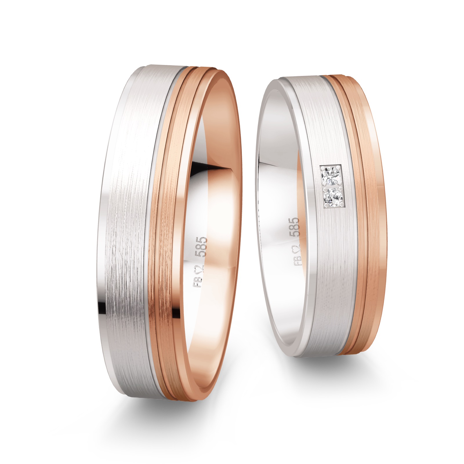 Rotgold-Weissgold Trauringe mit glänzenden Fugen und 2 Diamanten