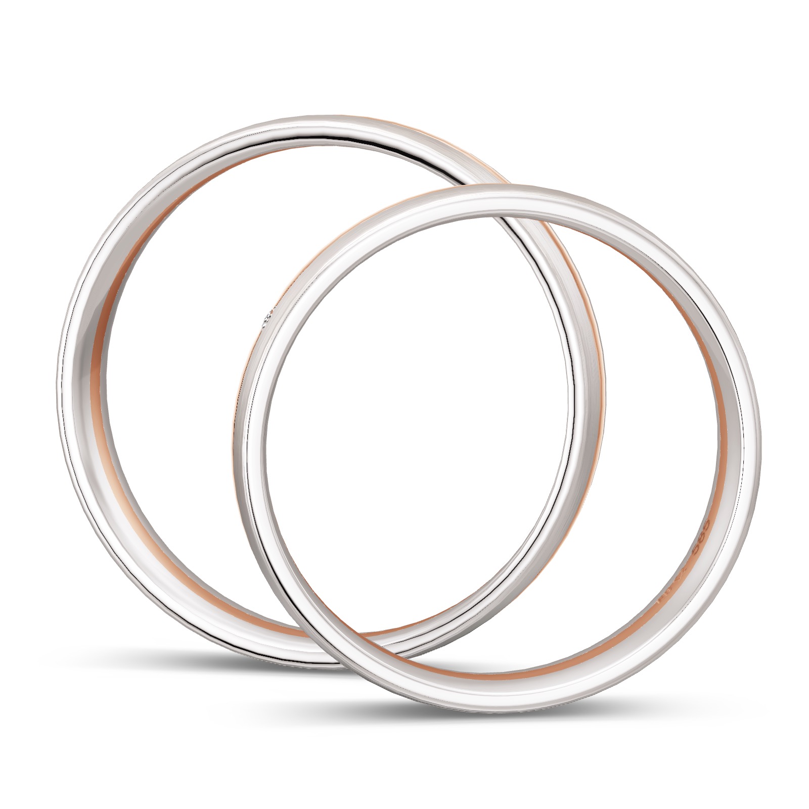 Weissgold Trauringe mit polierter Rotgold Fuge und Diamant in Seitenansicht