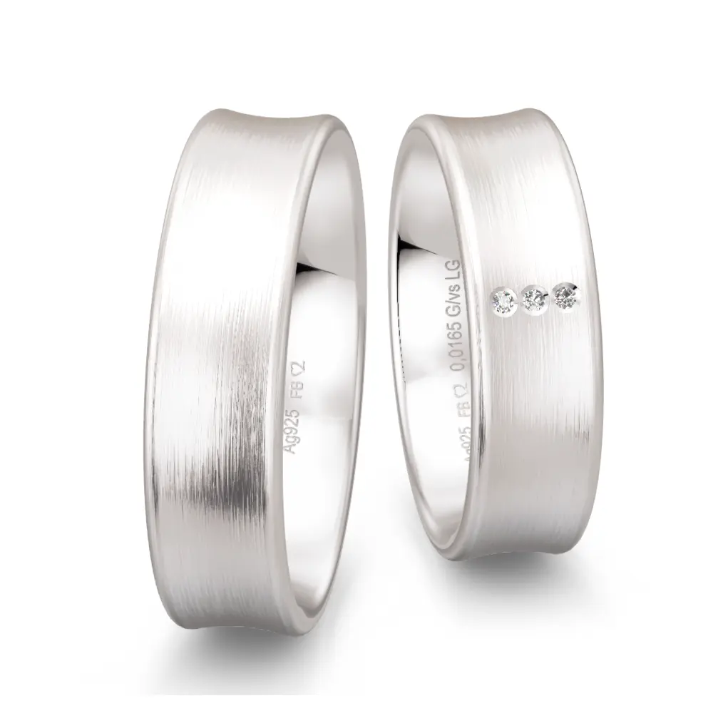 Konkave Trauringe aus mattem 925er Silber mit 3 Labor Diamanten