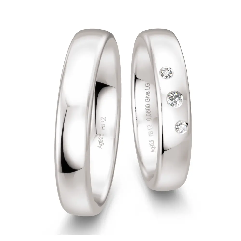 925er Silber Eheringe mit 3 diagonal platzierten Labor Diamanten