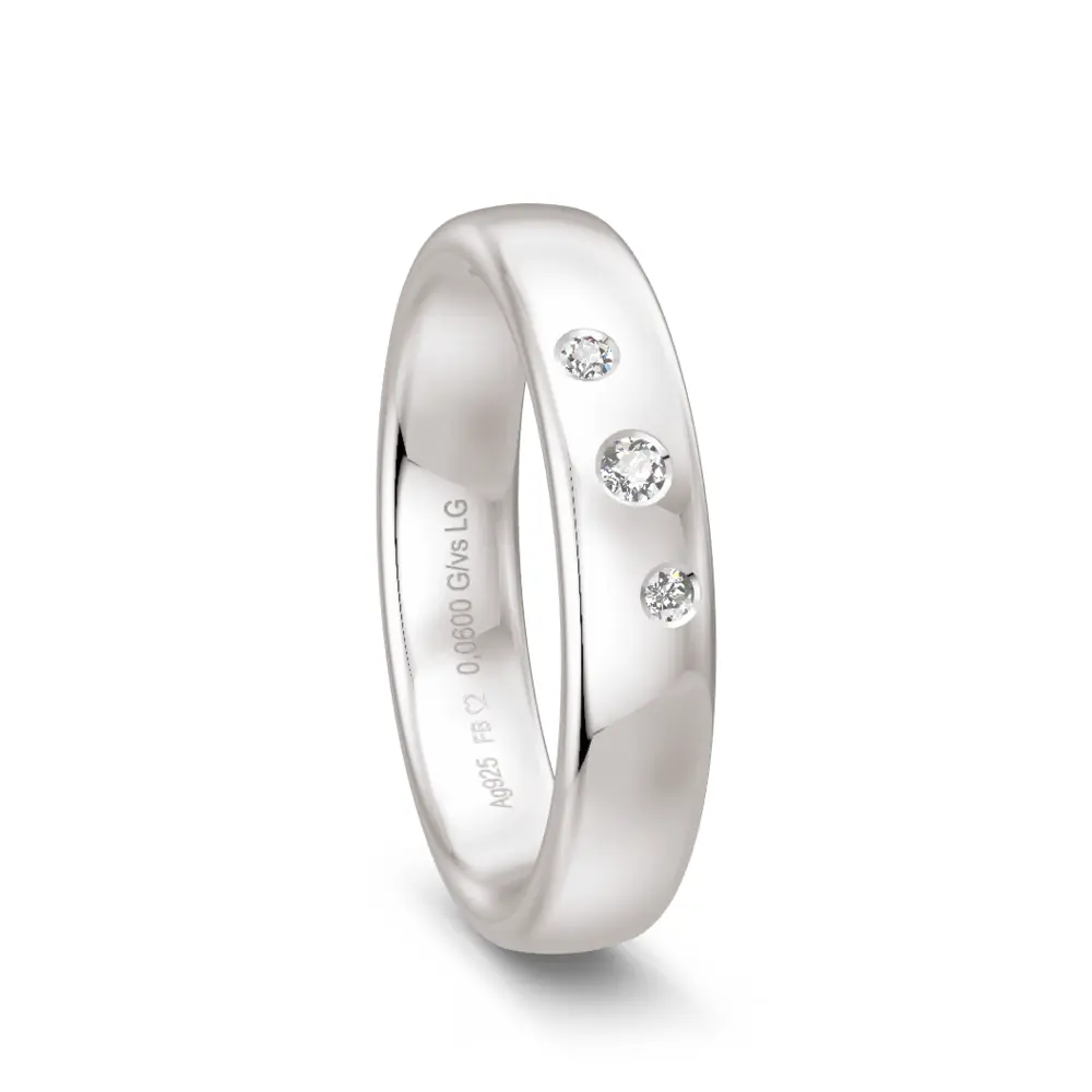 925er Silber Ehering mit 3 diagonal platzierten Labor Diamanten