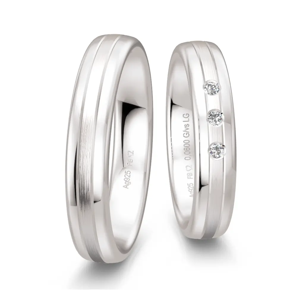 Silber 925 Eheringe mit matter Mitte mit 3 Labor Diamanten
