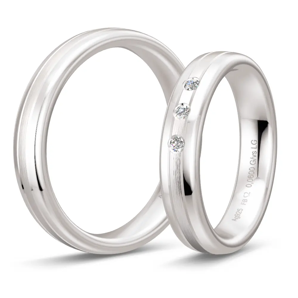 Silber 925 Eheringe mit matter Mitte mit 3 Labor Diamanten seitlich