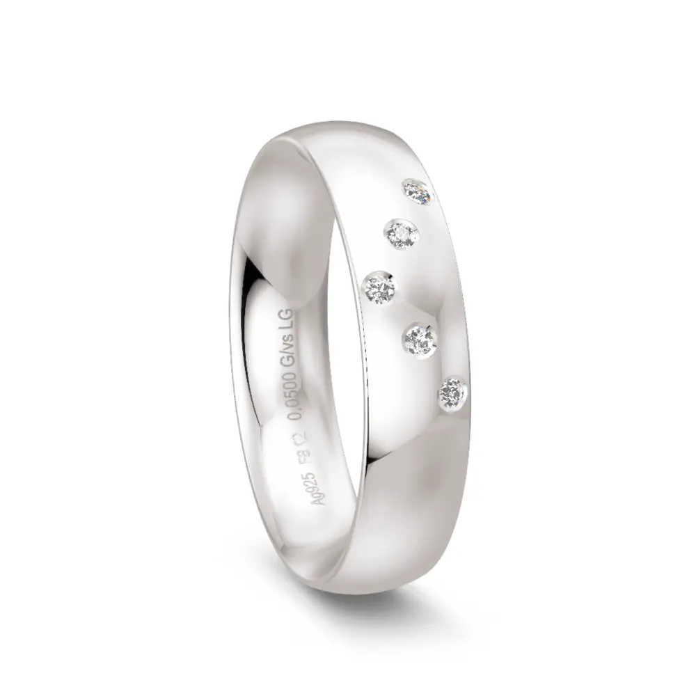 Ehering aus glänzendem Silber 925 mit 5 Labor Diamanten