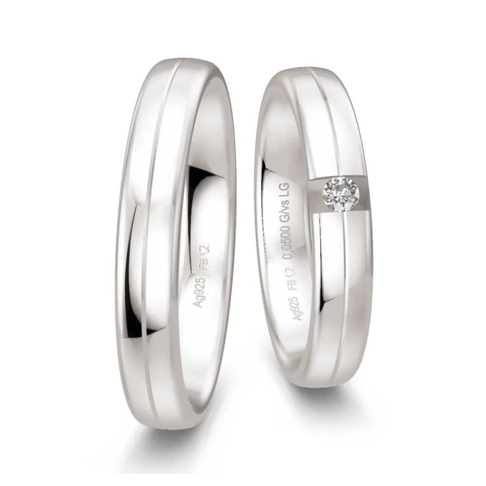 Trauringe aus Silber mit Rille und Labor Diamant in 0,05 Karat Vertiefung