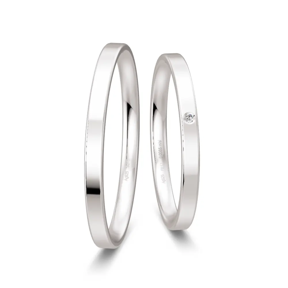 Polierte schmale Silber Eheringe mit Labor Diamanten