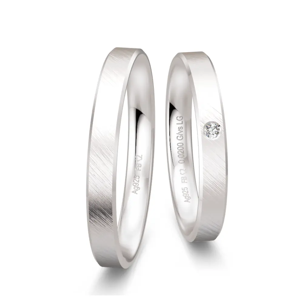 Silber 925 Trauringe mit Labor Diamant und flacher Außenform