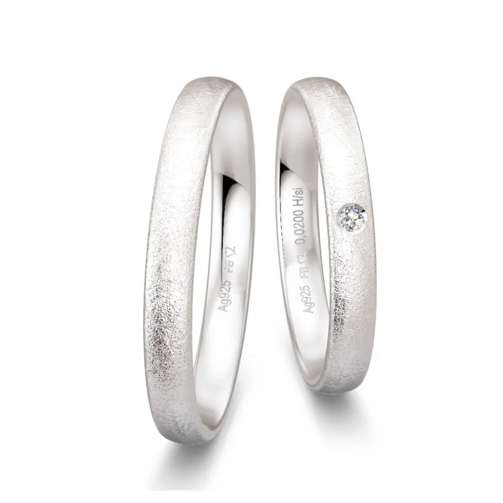 Silber 925 Trauringe mit Eismattierung und Labor Diamant