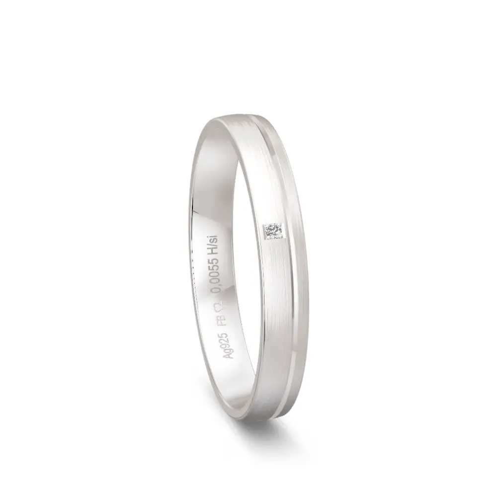 Schmale 925er Silber Trauring mit Rille und Labor Diamant