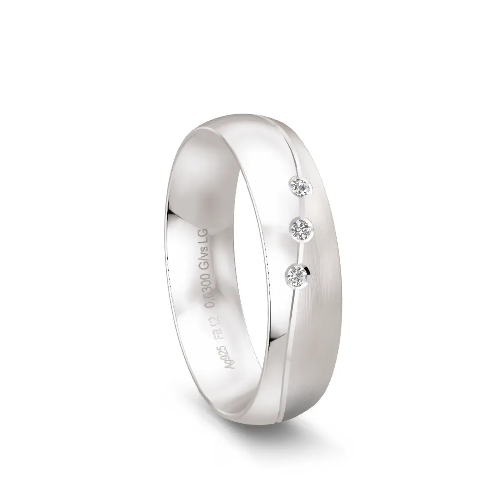 Ehering aus Silber 925 mit drei Labor Diamanten in zwei Oberflächen