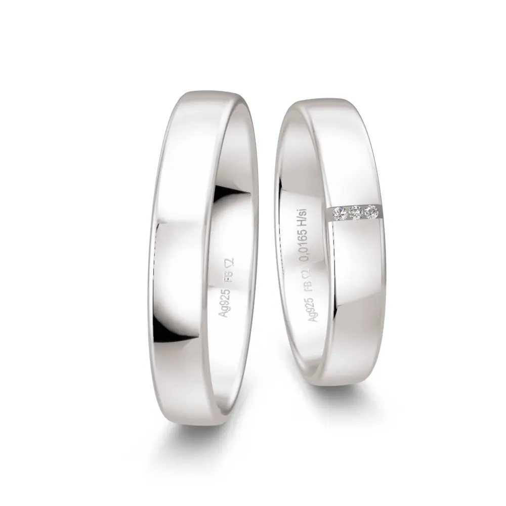 Silber 925 Eheringe mit 3 Diamanten und Polierung in 4 mm
