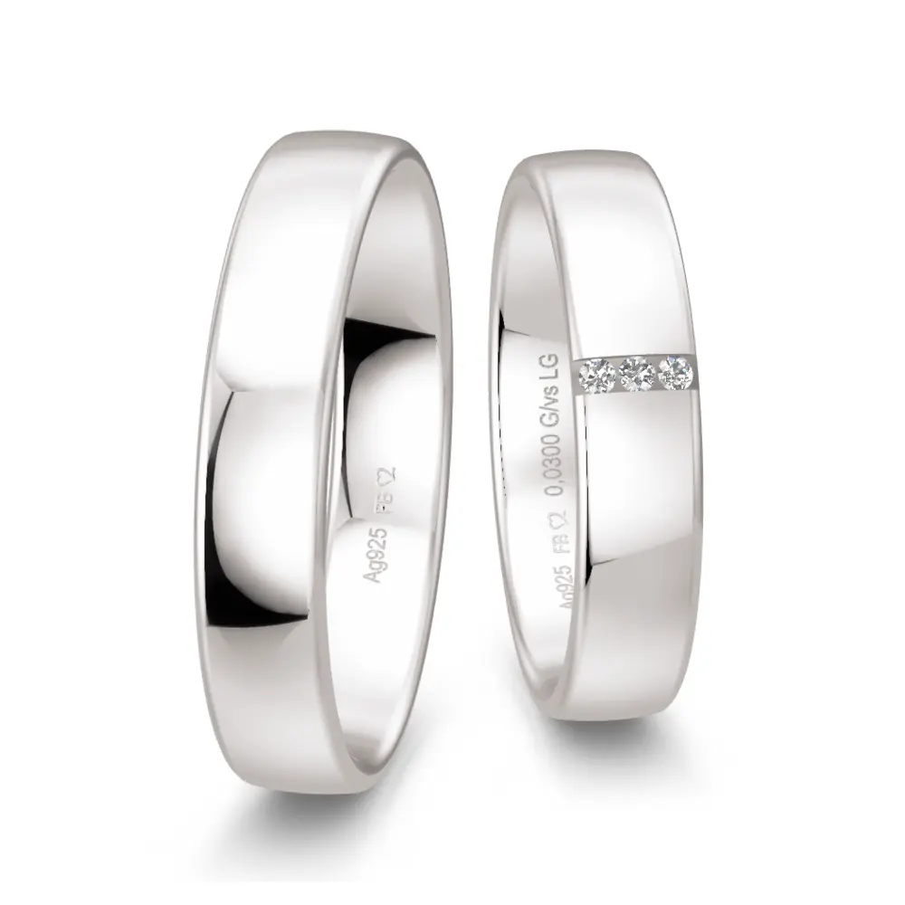 Polierte 925er Silber Trauringe mit 3 Labor Diamanten in Rille