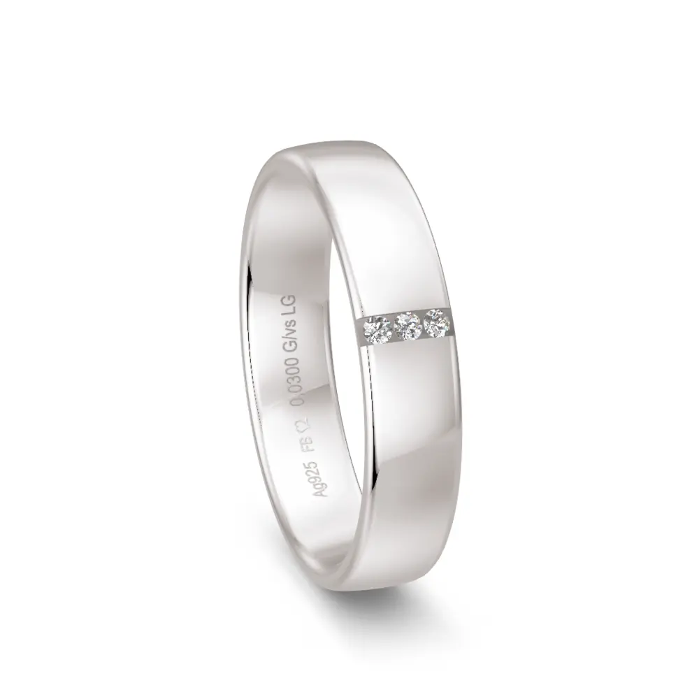 Polierter 925er Silber Trauring mit 3 Labor Diamanten in Rille