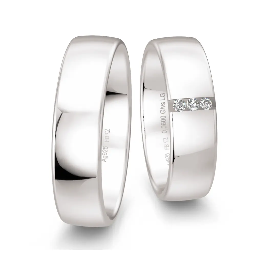 925er Silber Trauringe mit 3 Labor Diamanten in Rille