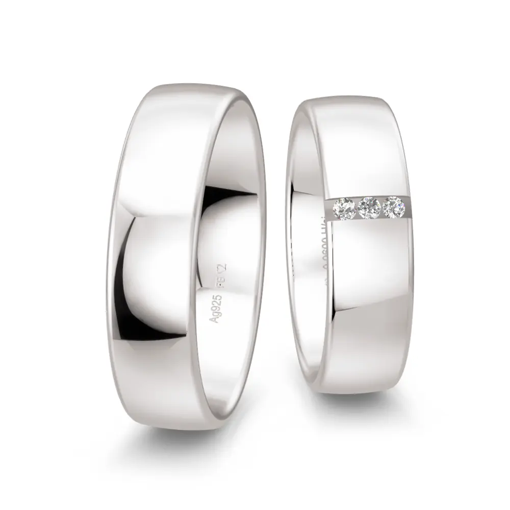 6 mm breite polierte Silber 925 Eheringe mit drei Diamanten in Vertiefung