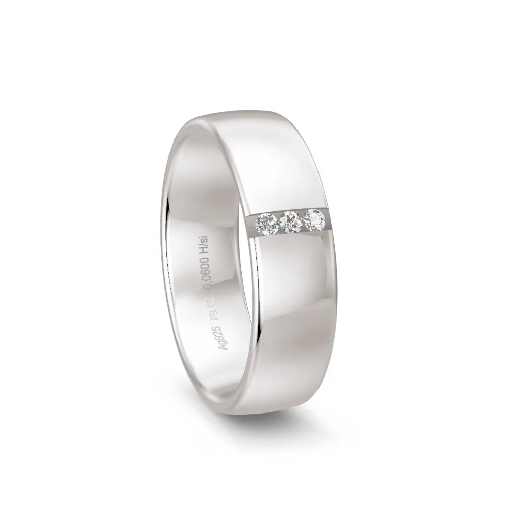 6 mm breiter polierter Silber 925 Ehering mit drei Diamanten in Vertiefung