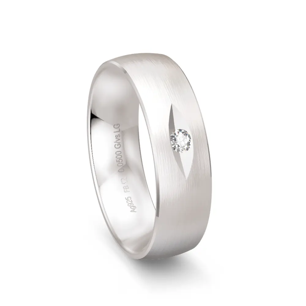 Trauring aus mattem 925er Silber mit Labor Diamanten in elliptischer Rille