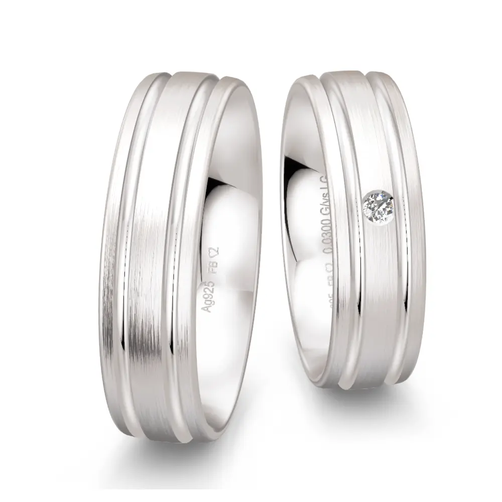 Breite Silber 925 Trauringe mit Labor Diamanten und zwei Rillen