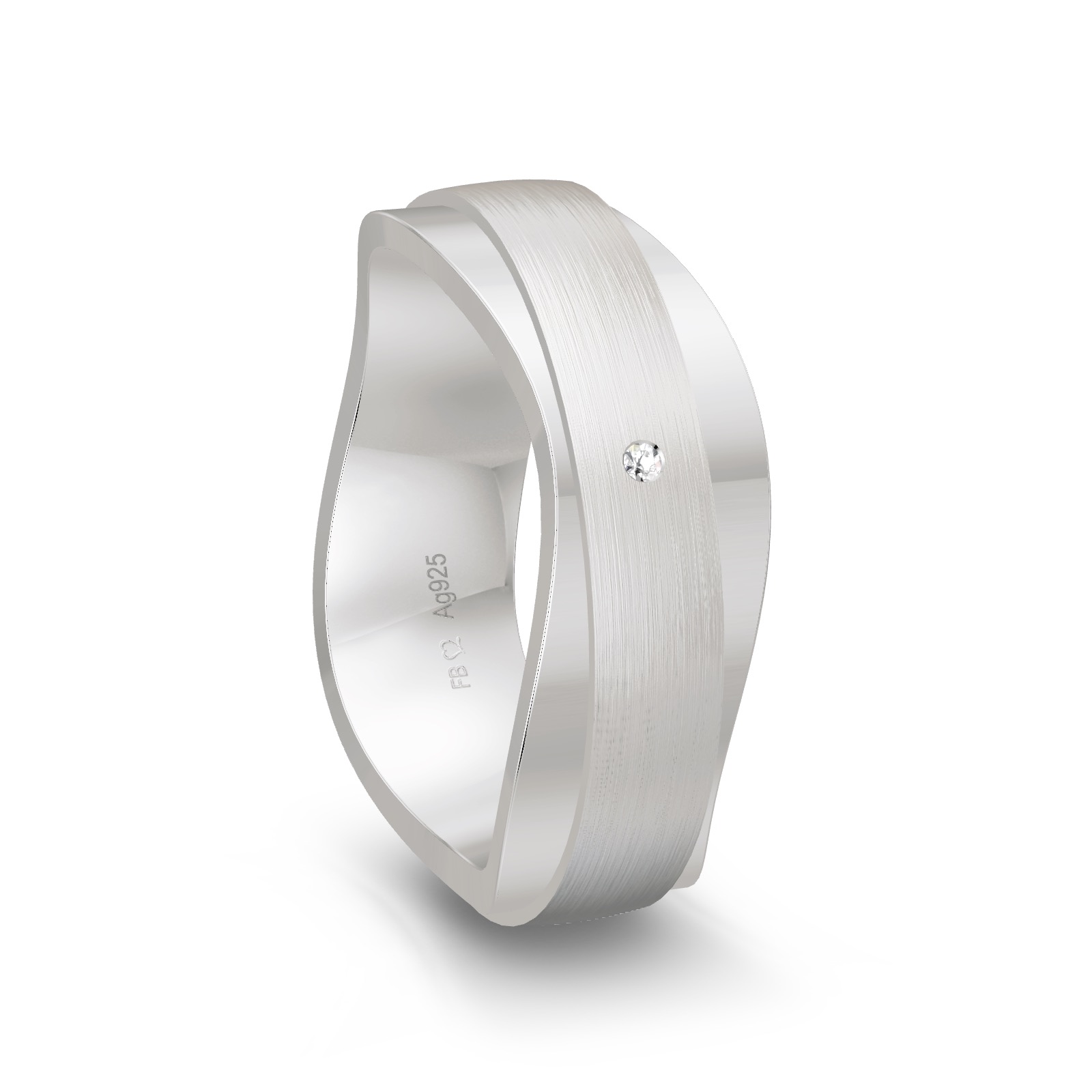 Trauring aus Silber 925 platiniert mit poliertem Rand und Diamant