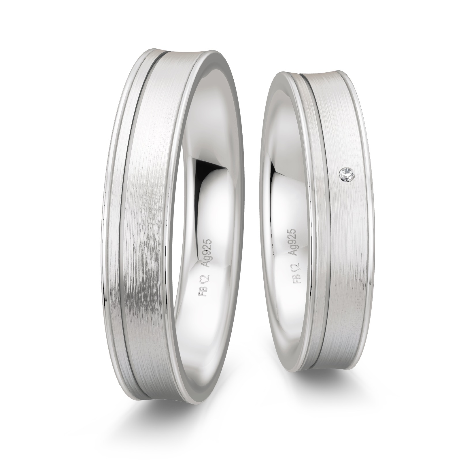 Eheringe aus platiniertem 925 Silber konkavförmig mit polierten Rillen und Diamanten