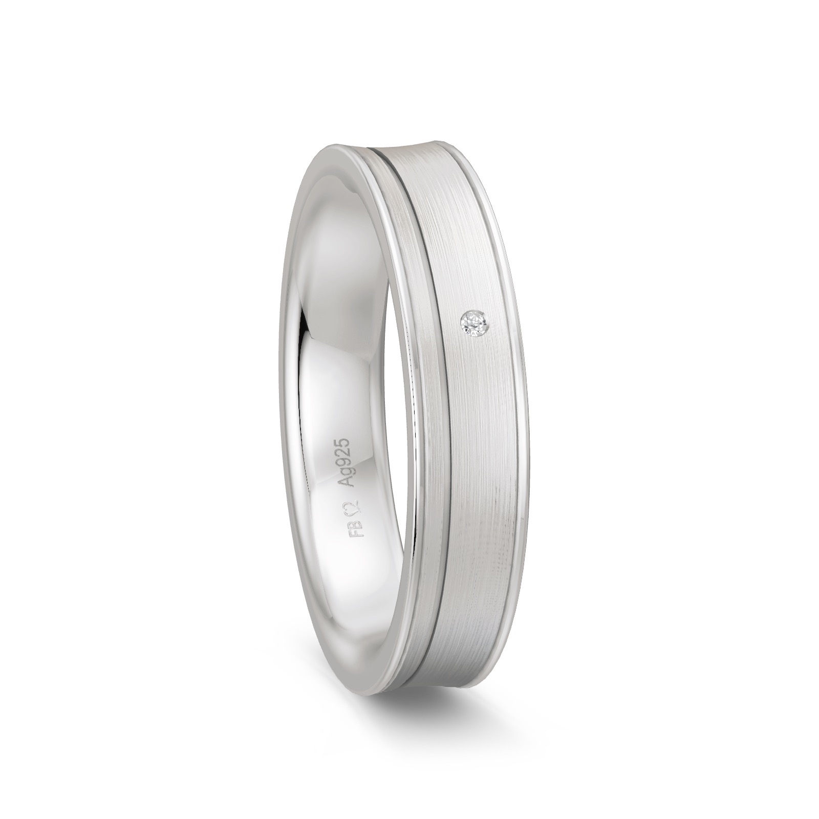 Ehering aus platiniertem 925 Silber konkavförmig mit polierten Rillen und Diamanten