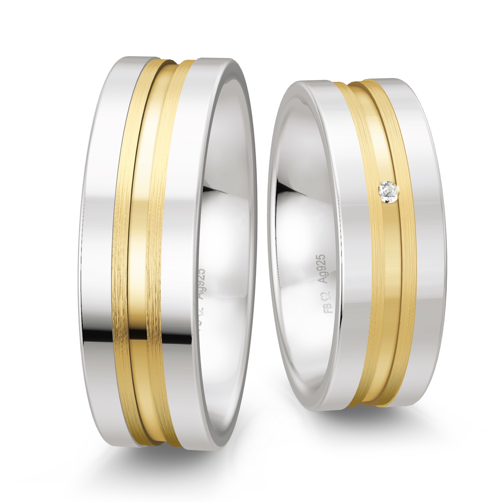 Trauringe aus Silber 925 platiniert mit 14K Gelbgold und Diamanten