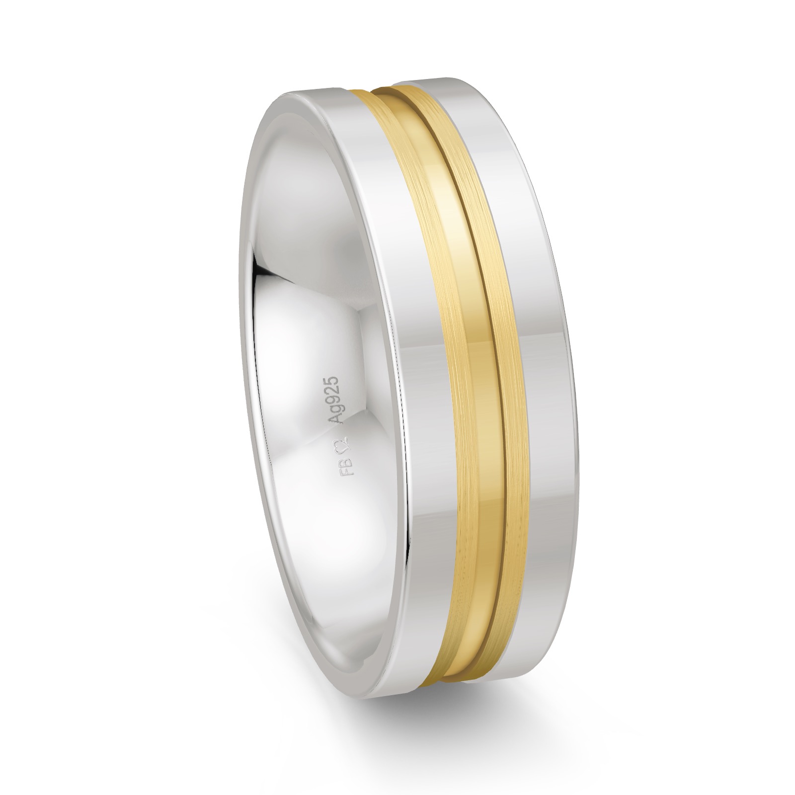 Trauring aus Silber 925 platiniert mit 14K Gelbgold
