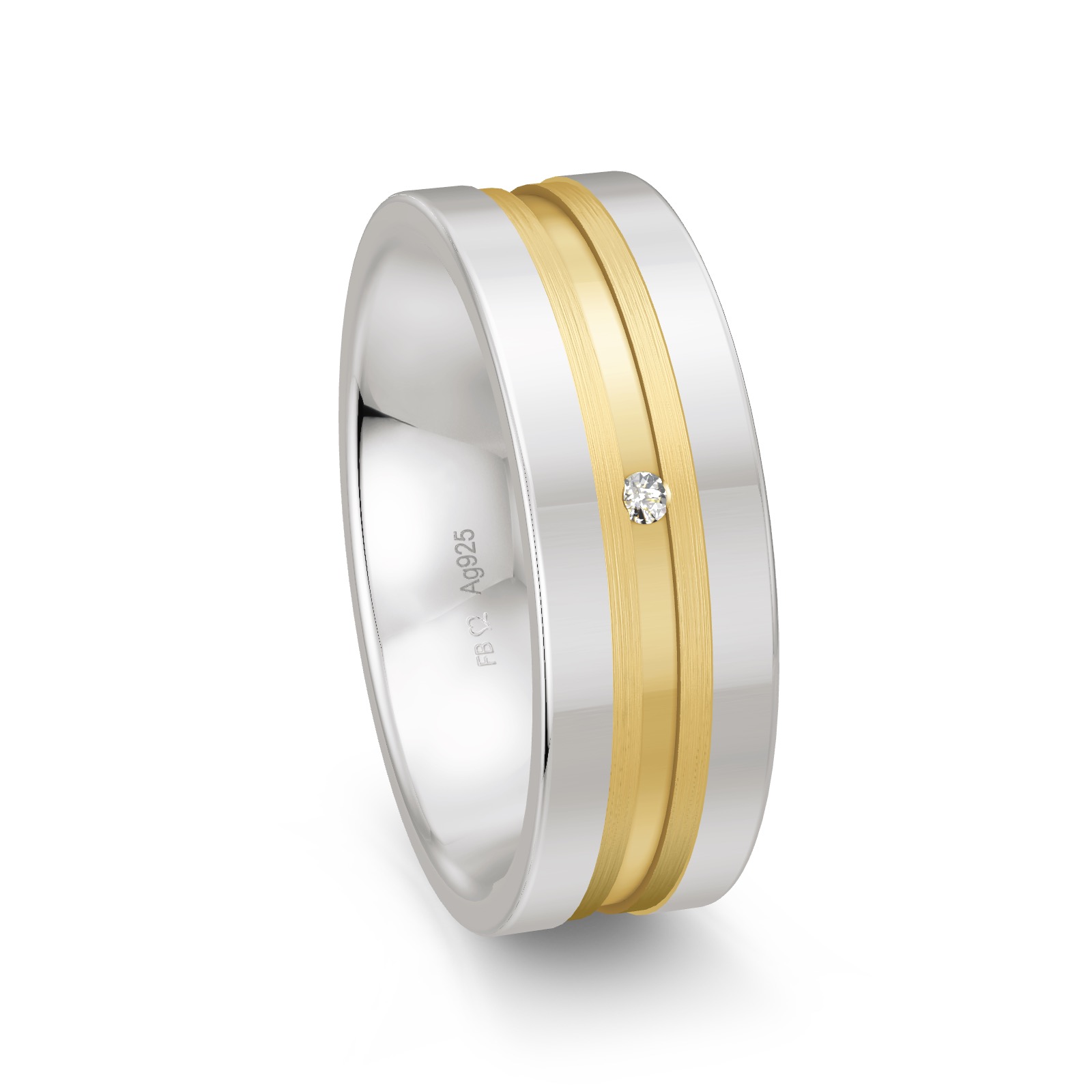 Trauring aus Silber 925 platiniert mit 14K Gelbgold und Diamanten