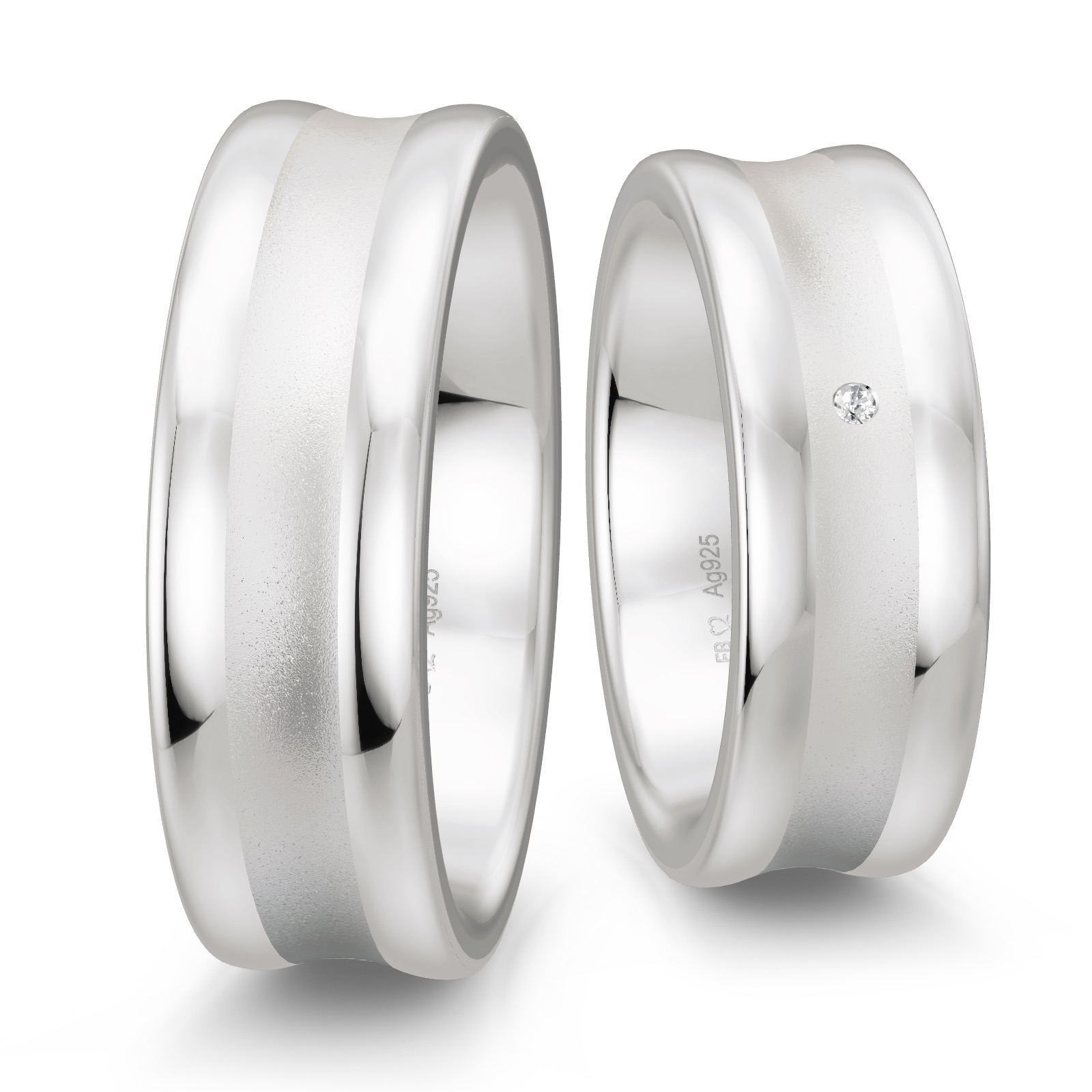 Trauringe aus platiniertem Silber 925 in konkaver Form matt mit Diamanten