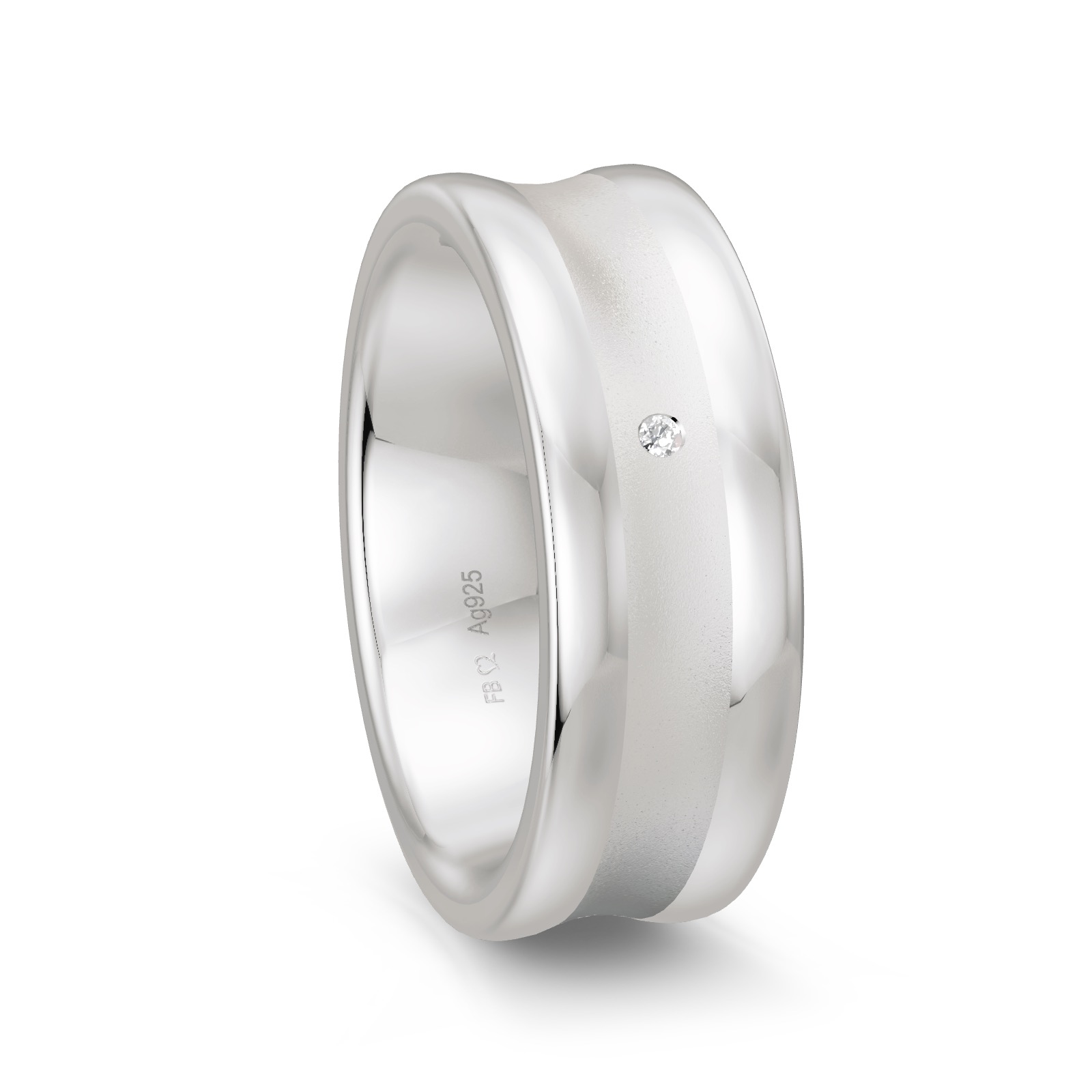 Trauring aus platiniertem Silber 925 in konkaver Form matt mit Diamanten
