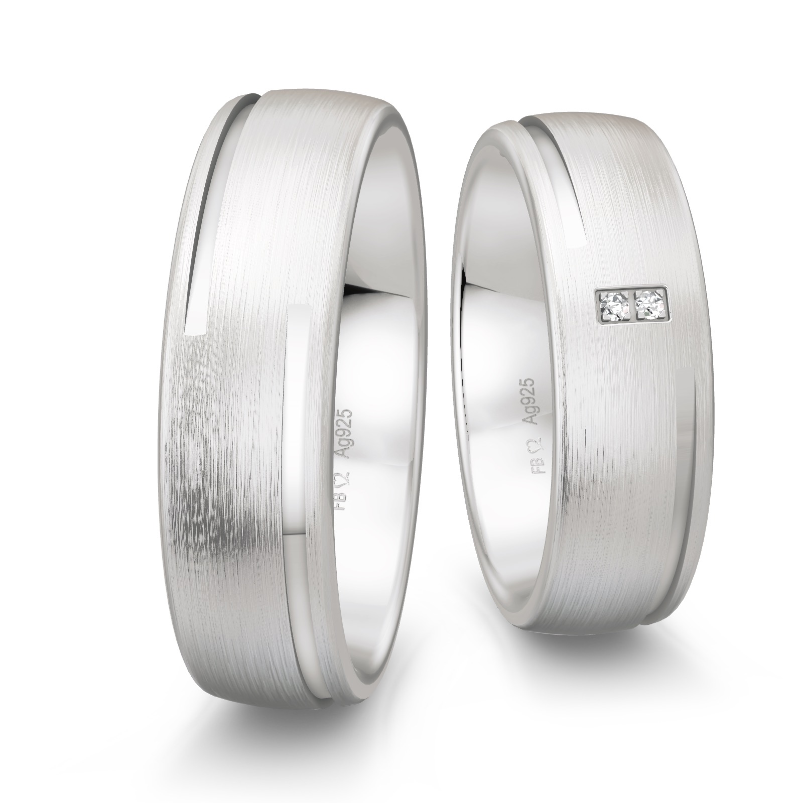 Eheringe aus platiniertem Silber 925 mit zwei Diamanten und Rillen