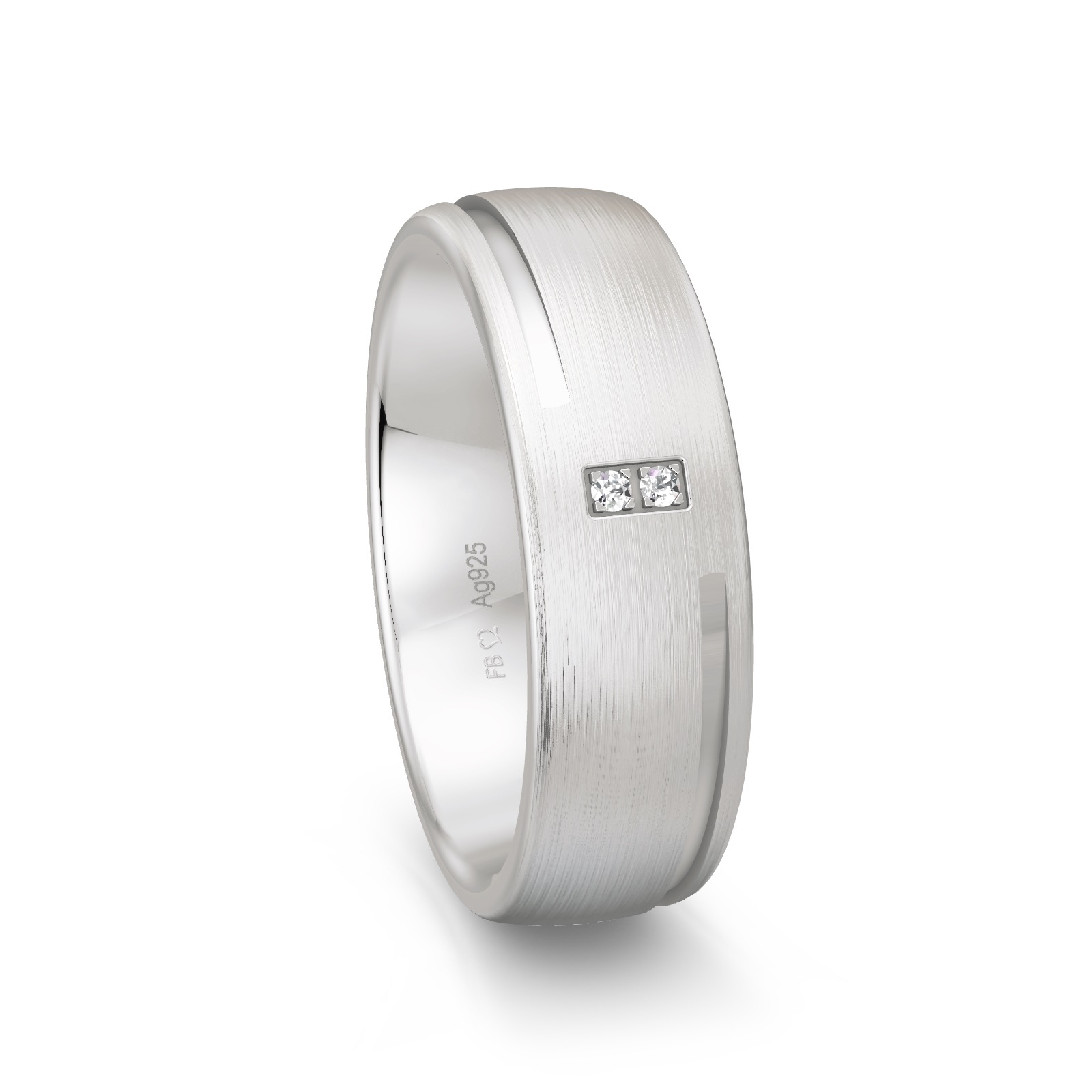 Ehering aus platiniertem Silber 925 mit zwei Diamanten und Rillen