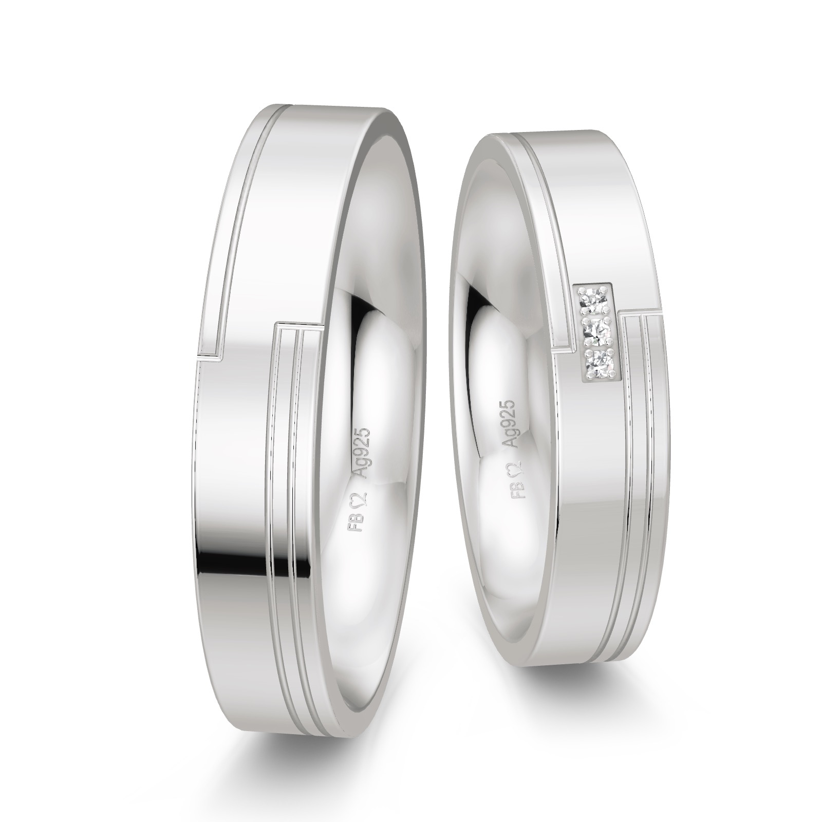 Trauringe aus 925 Silber hochpoliert schmal mit drei Diamanten