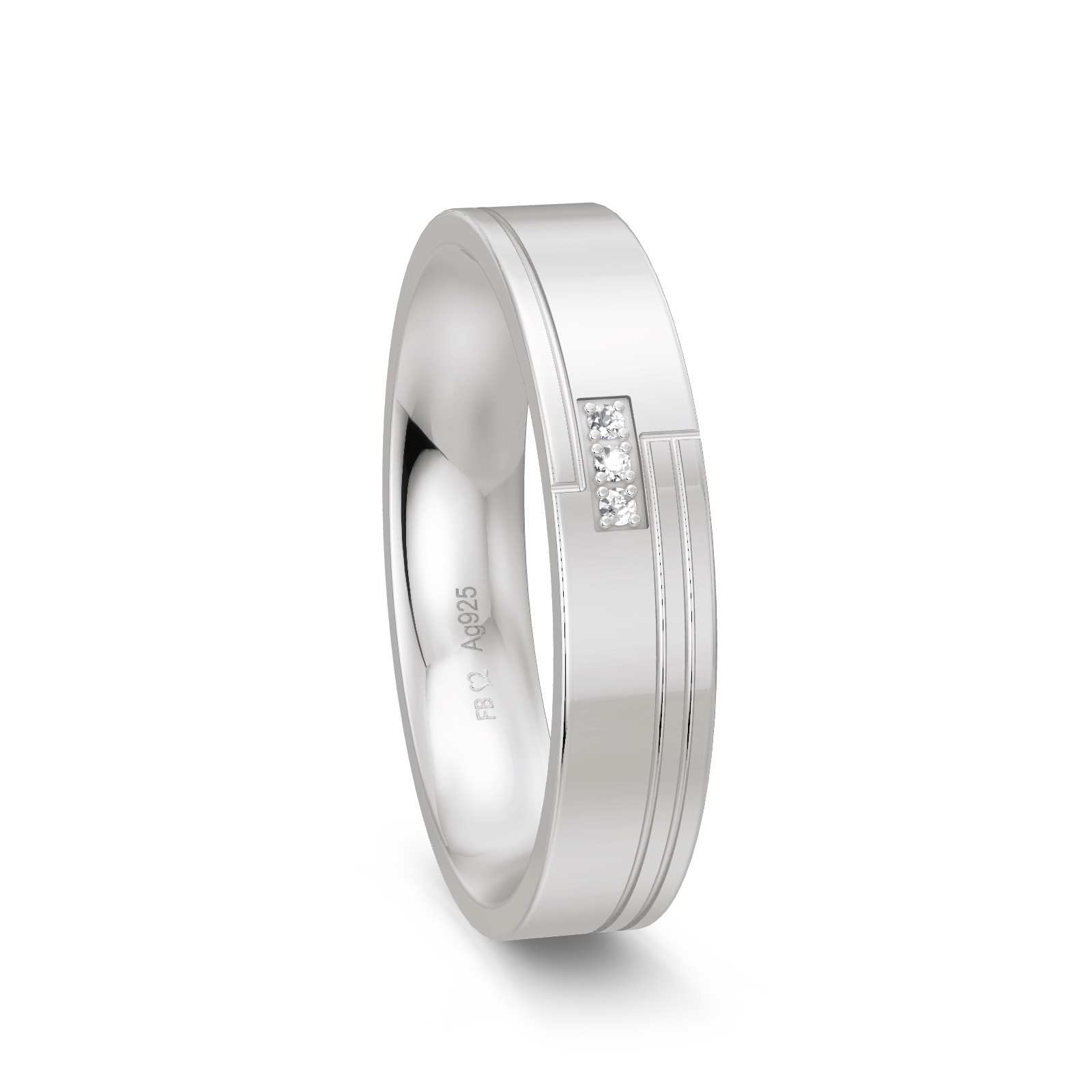 Trauring aus 925 Silber hochpoliert schmal mit drei Diamanten