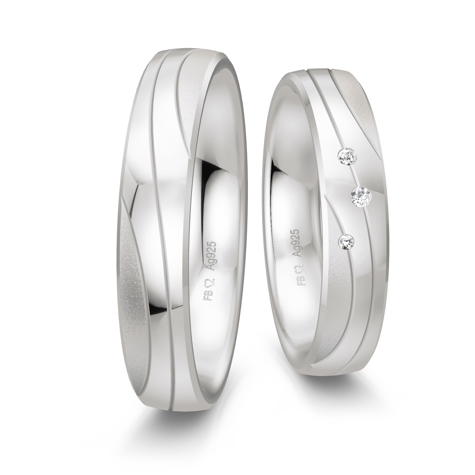 Trauringe aus platiniertem Silber 925 mit drei Diamanten und geschwungenen Rillen