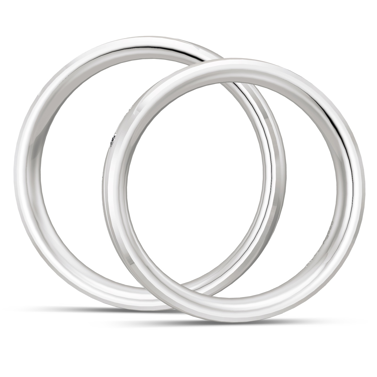 Trauringe aus platiniertem Silber 925 mit drei Diamanten und geschwungenen Rillen in Seitenansicht