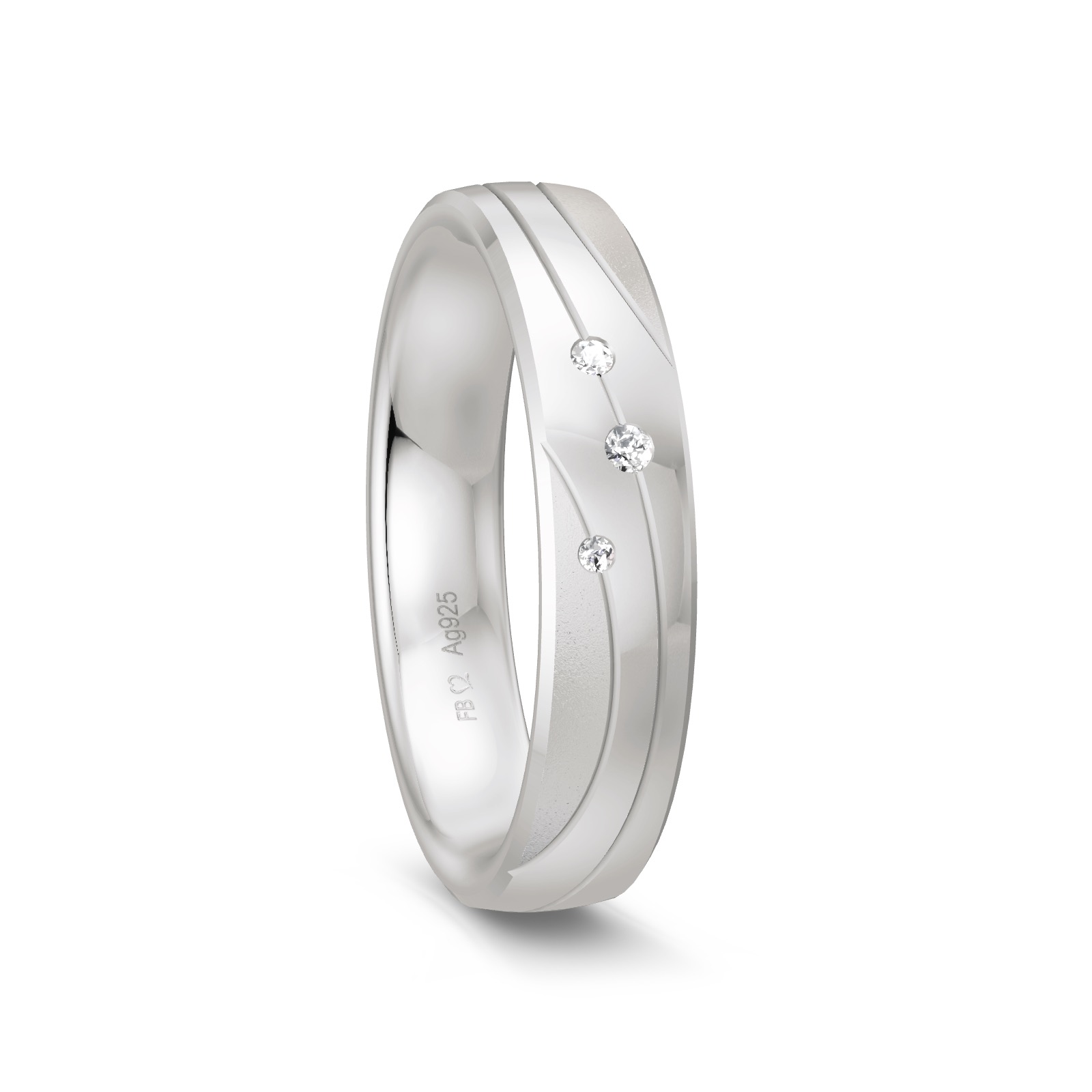 Trauring aus platiniertem Silber 925 mit drei Diamanten und geschwungenen Rillen
