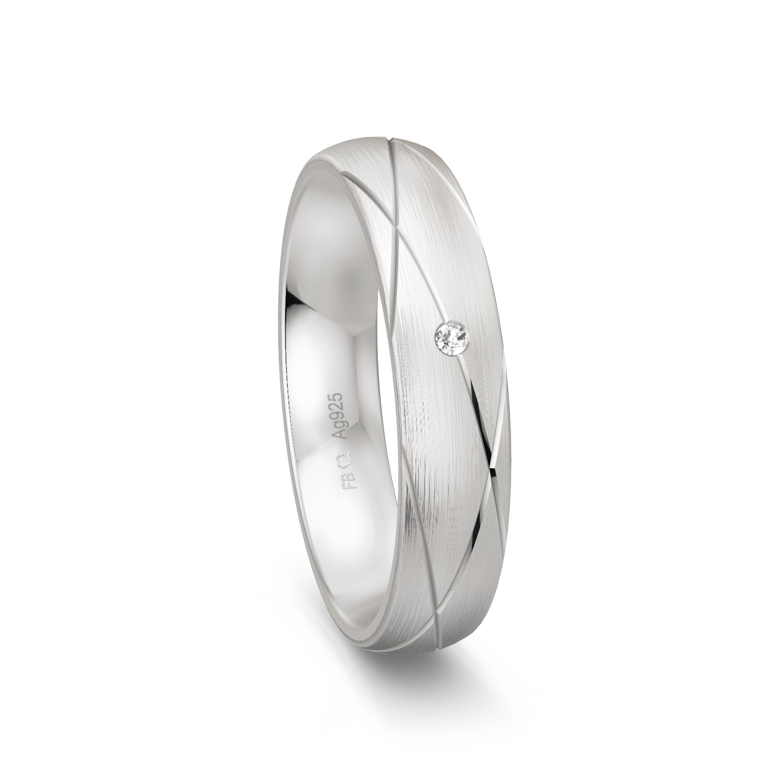Ehering aus Silber 925 platiniert mit kreuzverlaufenden Rillen und Diamanten