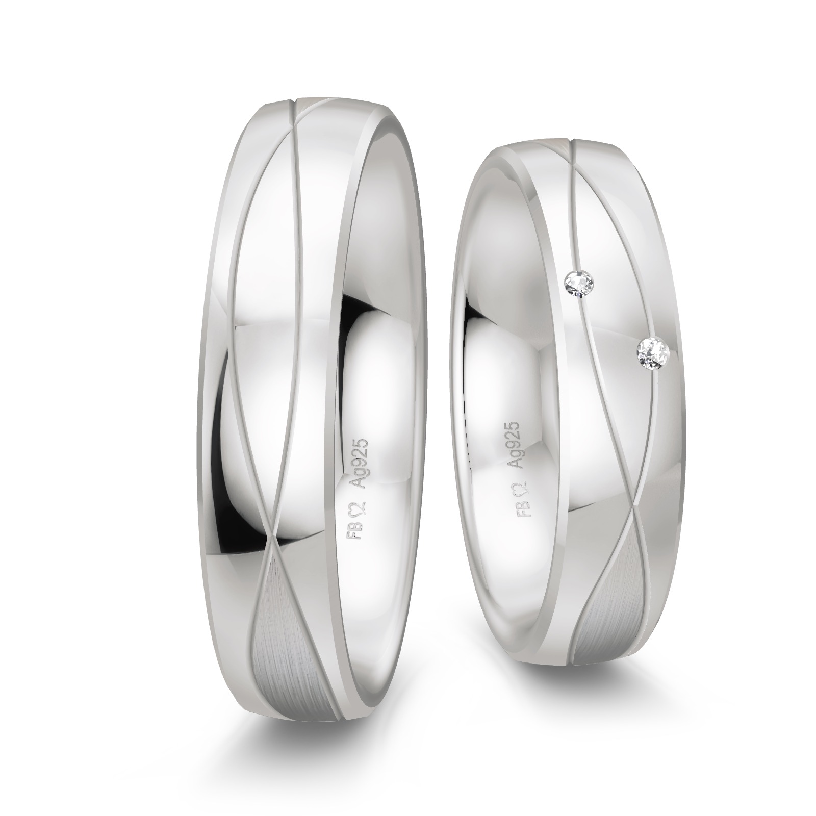 Eheringe aus platiniertem Silber 925 mit Rillenmuster und zwei Diamanten